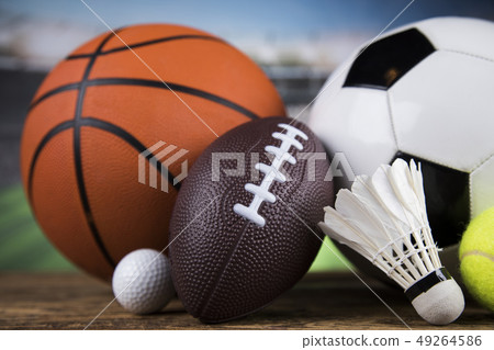Sport equipment and balls, stadium background 49264586