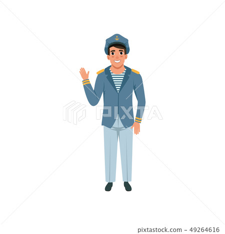 Cheerful navy captain waving hand. Naval officer in formal wear blue jacket, pants, striped vest and 49264616