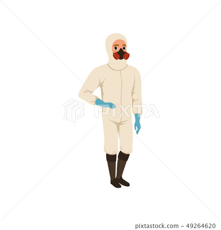 Cartoon man in protective chemical suit, gloves, boots and gas mask respirator. Illustration for Cartoon man in protective chemical suit, gloves, boots and gas mask respirator. Illustration for 49264620
