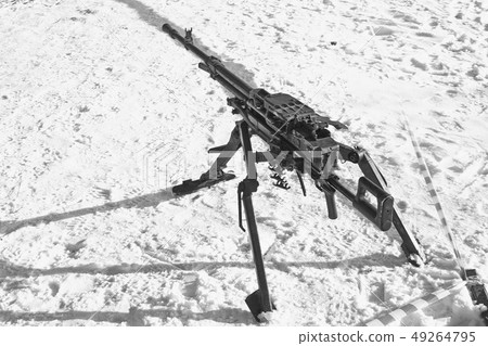Black and white image of a large-caliber machine gun Utes on the firing position Black and white image of a large-caliber machine gun Utes on the firing position 49264795