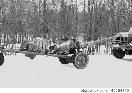 Black-and-white image of Soviet 85-mm divisional gun D-44 in the field position 49264809