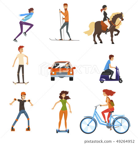 Personal transportation vehicles set, people on the street cartoon vector Illustration on a white Personal transportation vehicles set, people on the street cartoon vector Illustration on a white 49264952