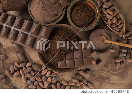 Chocolate bar, candy sweet, cacao beans and powder 49265748