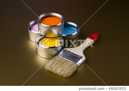 Metal tin cans with color paint and paintbrush Metal tin cans with color paint and paintbrush 49265933