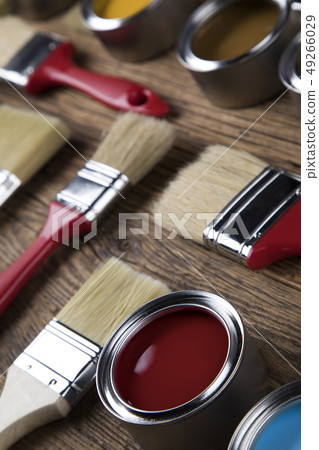 Tin cans with paint and brushes Tin cans with paint and brushes 49266029