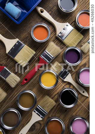 Paint brush, tin can and color guide samples Paint brush, tin can and color guide samples 49266030