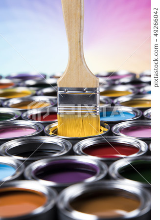 Metal tin cans with color paint and paintbrush Metal tin cans with color paint and paintbrush 49266042