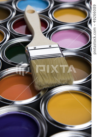 Metal tin cans with color paint and paintbrush Metal tin cans with color paint and paintbrush 49266089
