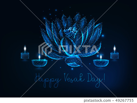 Happy Vesak day greeting card with lotus flower, diya oil lamps and candles on dark blue background. Happy Vesak day greeting card with lotus flower, diya oil lamps and candles on dark blue background. 49267755