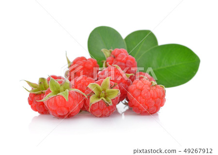 Raspberries with green leaf isolated on white Raspberries with green leaf isolated on white 49267912