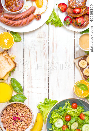 Different types of breakfast background Different types of breakfast background 49269399