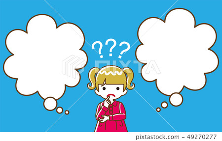 Doubtful little girl and two speech bubbles-main line Doubtful little girl and two speech bubbles-main line 49270277