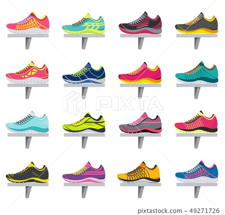 big flat illustration collection set of sneakers running, walking, shopping, style backgrounds 49271726