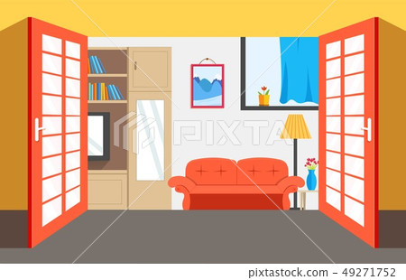 Flat cozy room in house with open doors background vector illustration concept 49271752