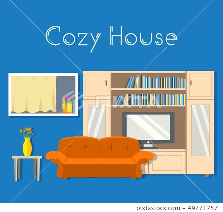 Flat cozy room in house with furniture background vector illustration concept 49271757