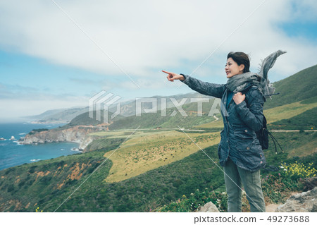 backpacker standing on cliff point blue sea view backpacker standing on cliff point blue sea view 49273688