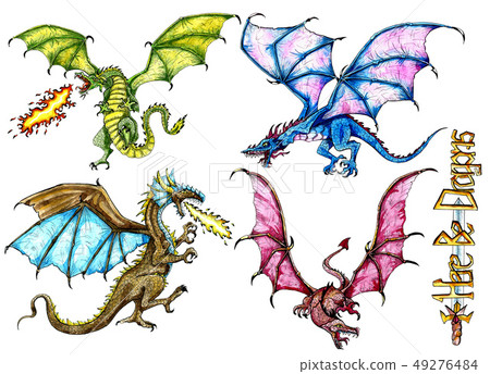 Design set with fantasy dragons isolated on white Design set with fantasy dragons isolated on white 49276484