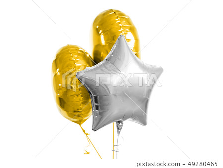 three gold and silver helium balloons on white three gold and silver helium balloons on white 49280465