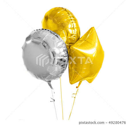 three gold and silver helium balloons on white three gold and silver helium balloons on white 49280476