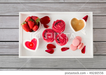 close up of treats on tray for valentines day 49280556