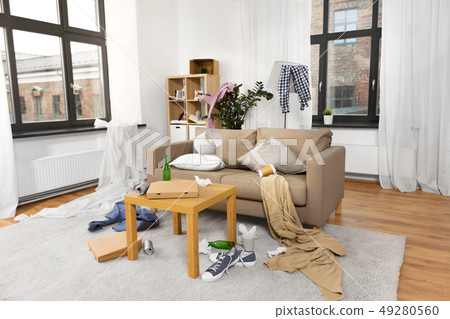 interior of messy home room with scattered stuff interior of messy home room with scattered stuff 49280560