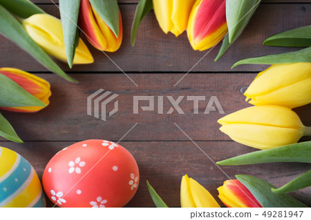 close up of colored easter eggs and tulip flowers close up of colored easter eggs and tulip flowers 49281947