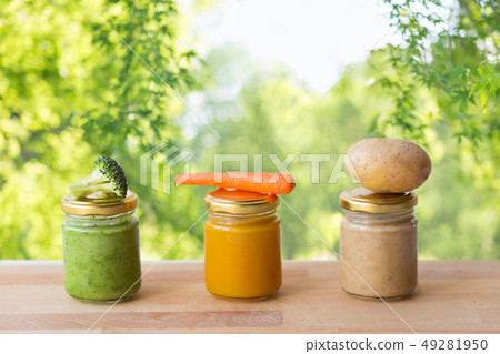 vegetable puree or baby food in glass jars vegetable puree or baby food in glass jars 49281950