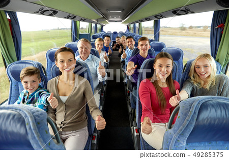 group of happy passengers travelling by bus group of happy passengers travelling by bus 49285375