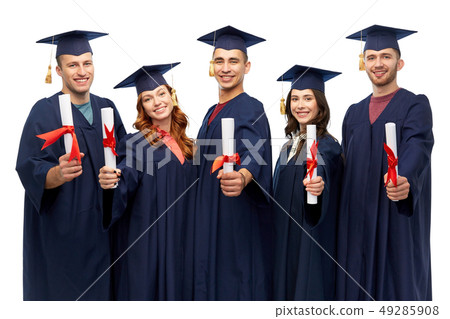 graduates in mortar boards with diplomas 49285908