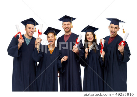 graduates in mortar boards with diplomas 49285910