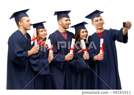 graduates with diplomas taking selfie by cellphone 49285911