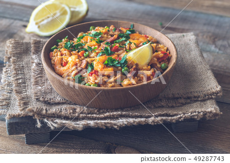 Bowl of chicken and chorizo paella 49287743