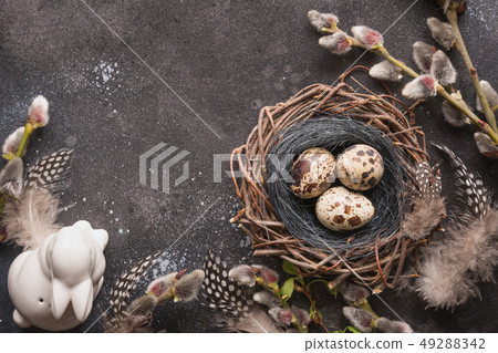 Quail easter eggs in nest, bunny and spring willow 49288342