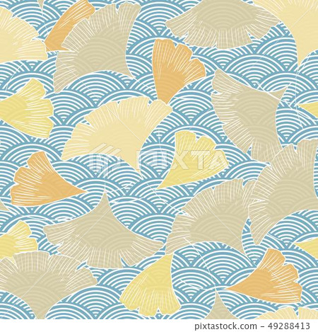 Wave seamless pattern with gingko leaf vector.  49288413
