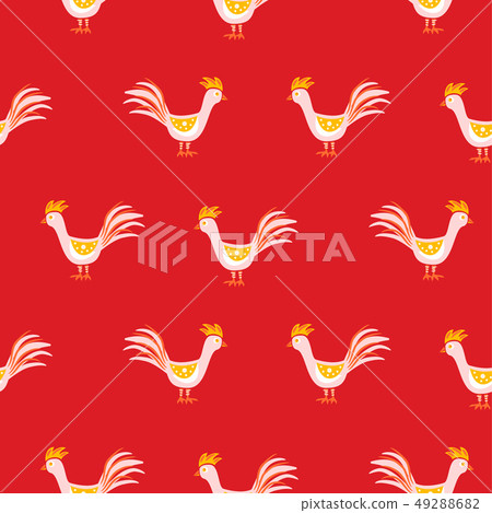 Seamless pattern with cute roosters on red... - Stock Illustration ...