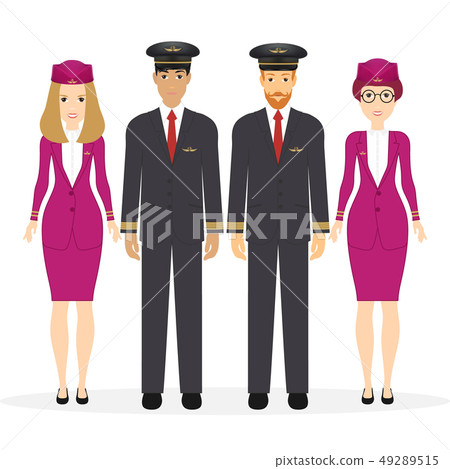 Welcome to travel by plane. Pilot, capitan, flying attendants, air hostess. Vector illustration Welcome to travel by plane. Pilot, capitan, flying attendants, air hostess. Vector illustration 49289515