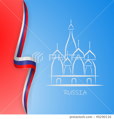 Illustration inscription Russia Moscow Kremlin and St. Basils Cathedral on background with the flag 49290116