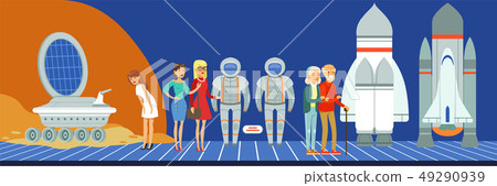People at science exhibition, museum visitors looking at space equipment vector Illustration in flat 49290939