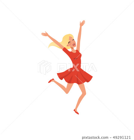 Young blond girl jumping up with excitement. Emotional person. Cartoon character of woman with happy 49291121