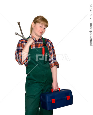 female auto mechanic with lug wrench isolated on female auto mechanic with lug wrench isolated on 49293940