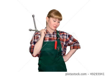 female auto mechanic with lug wrench isolated on female auto mechanic with lug wrench isolated on 49293941