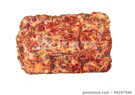 Frozen block of beef on a white background. 49297946