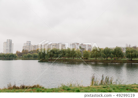 Grassy shore of the lake with residential Grassy shore of the lake with residential 49299119
