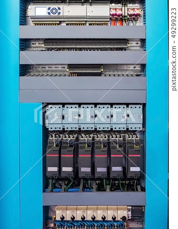 Opened low-voltage control box for HVAC system on the wall of the commercial ventilation room Opened low-voltage control box for HVAC system on the wall of the commercial ventilation room 49299223