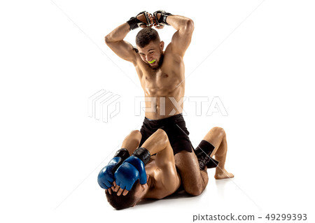 Two professional boxers boxing isolated on white studio background Two professional boxers boxing isolated on white studio background 49299393