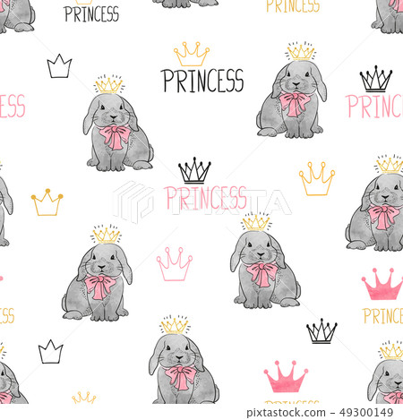 Seamless pattern with cute princess rabbits. Seamless pattern with cute princess rabbits. 49300149
