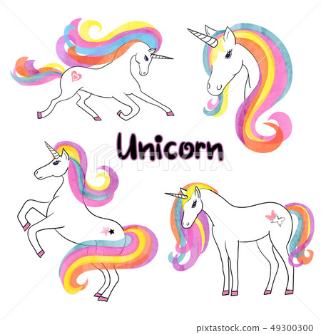 Beautiful rainbow watercolor unicorns set. Beautiful rainbow watercolor unicorns set. 49300300