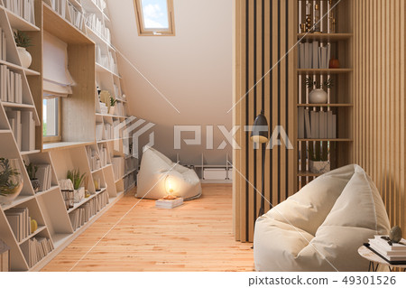 3d illustration interior design ilving room of the attic floor of a private cottage 3d illustration interior design ilving room of the attic floor of a private cottage 49301526