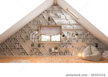 3d illustration interior design ilving room of the attic floor of a private cottage 49301528