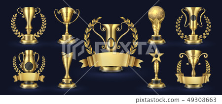 Golden trophy. Realistic champion award, contest winner prizes with laurel shapes, 3d awards banner Golden trophy. Realistic champion award, contest winner prizes with laurel shapes, 3d awards banner 49308663